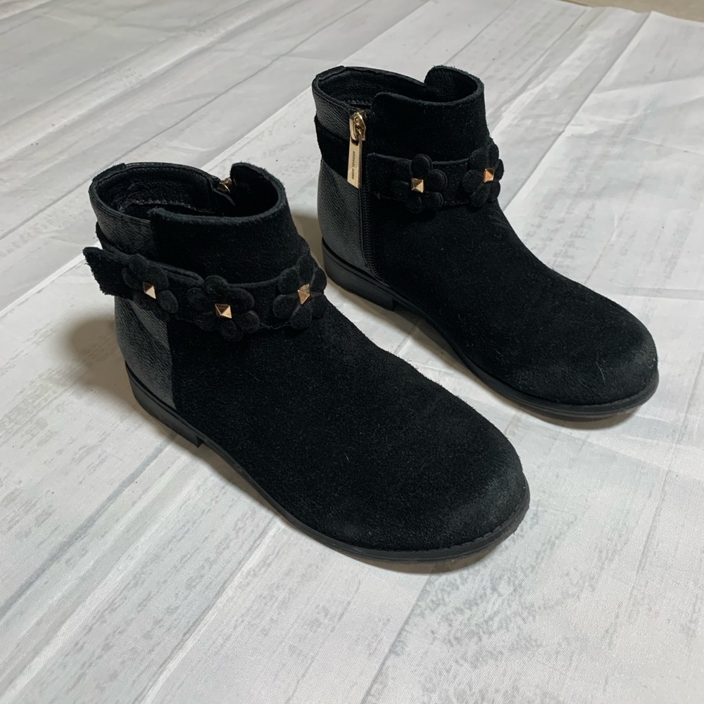 Michael Kors Black Suede Girls Ankle Boots with Gold Accent